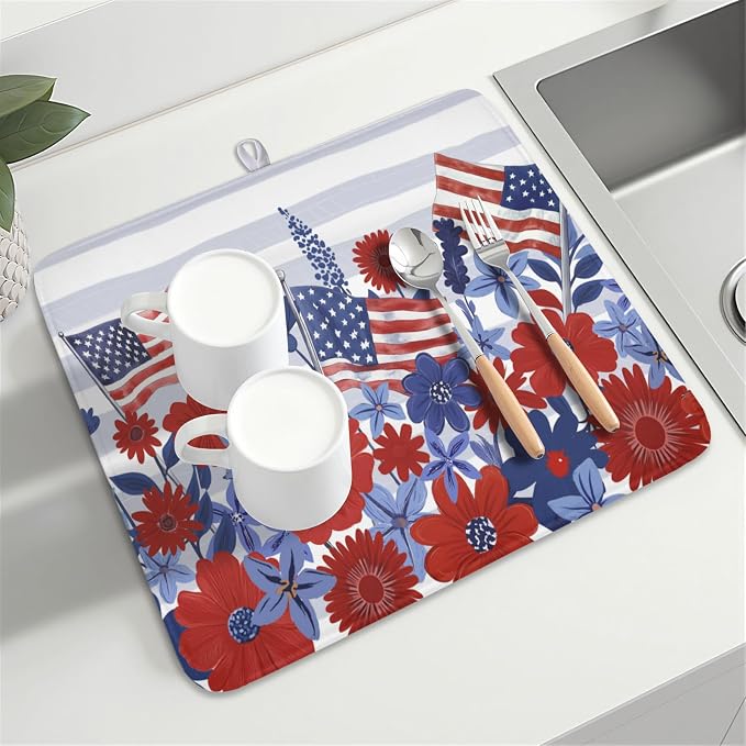 Patriotic Floral Dish Drying Mat for Kitchen Counter 4th of July American Flag Microfiber Dish Drainer Mat Red and Blue Flower Absorbent Washable Drying Pad 16"x18"