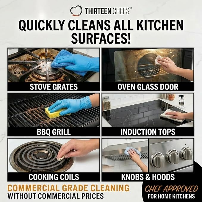 Thirteen Chefs Gas Range Cleaner and Degreaser - Stove Grates, Grills, Oven Glass and Door - Cuts Through Baked on Food (16oz)