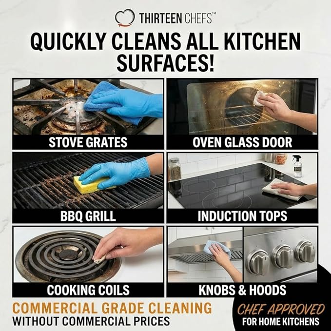 Thirteen Chefs Gas Range Cleaner and Degreaser - Stove Grates, Oven Glass Doors, Grills – Cuts Through Baked on Food (32oz)