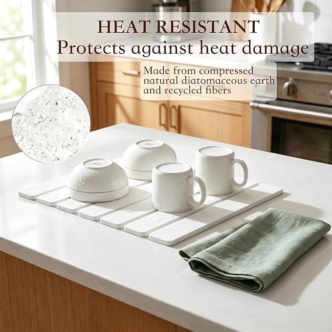 Large Stone Dish Drying Mats for Kitchen Counter 16"(L)×12"(W) Foldable Quick Dry Stone Dish Drying Mats Kitchen Absorbent Diatomaceous Earth Drying Stone Mat for Dishes Bottles Cups White