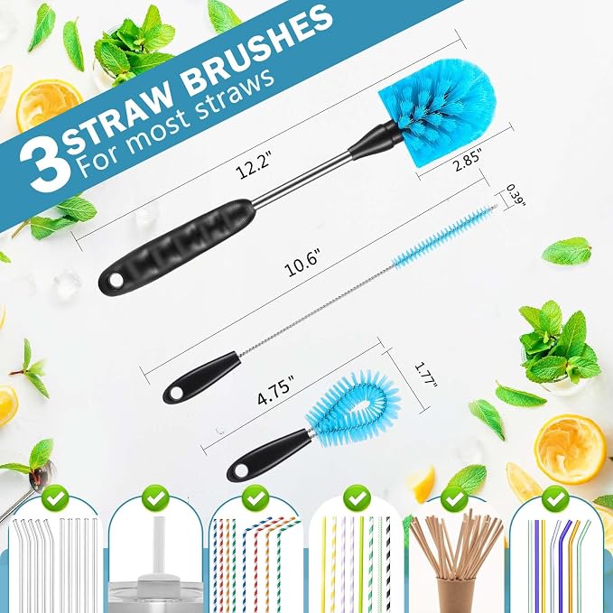 12.2 inch Bottle Brush Set of Three，Washable Coffee Cups, Water Bottles, Baby Bottles, Straws, to-go Cups, Long-Handled 3-in-1 Stainless Steel Bottle Brushes. (Blue)