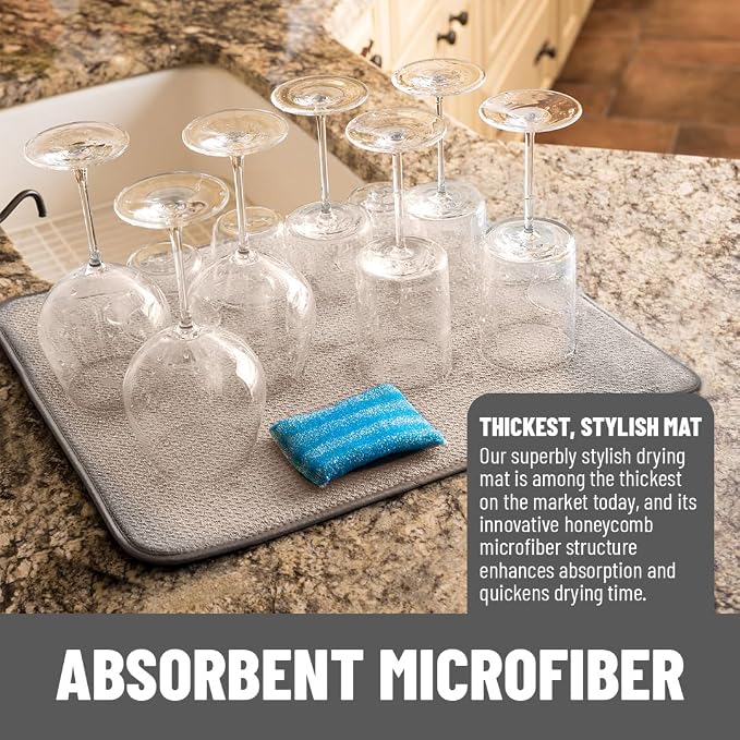 Bellemain XL Dish Mat Microfiber Dish Drying Mat, Super absorbent (Light Grey, 16" x 18")