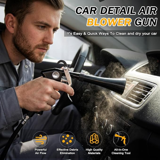 Car Detailing Air Cleaning Gun - Dry Blower Gun Works with Air Compressor | High Pressure Air Blaster with 2 Nozzles 3 Brushes 3 Connectors, Ergonomic Duster Tool for Car Interior Detailing Cleaning