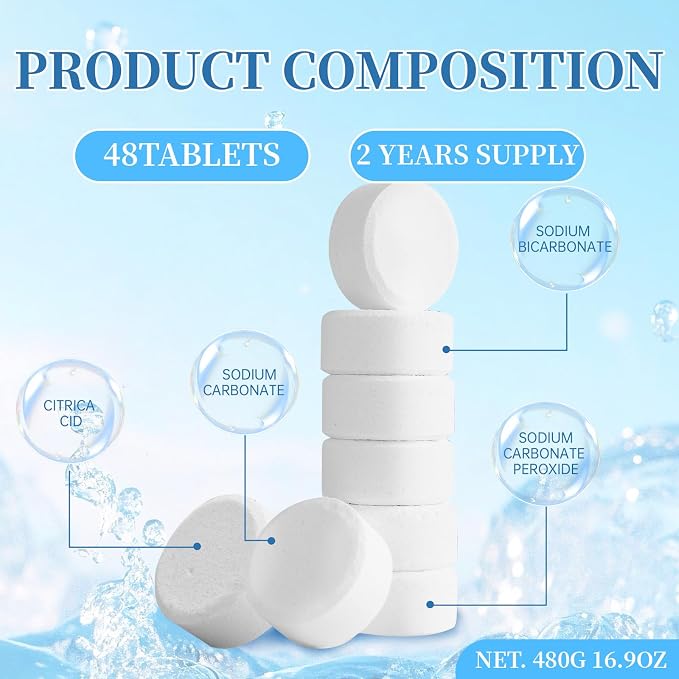 Ice Machine Cleaner Tablets Descaler, 48 Pack Ice Maker Cleaner, Nickel Safe Scale for Countertop Portable Nugget Ice Makers Cleaning, Remove Hard Water Buildup, Odor-Free