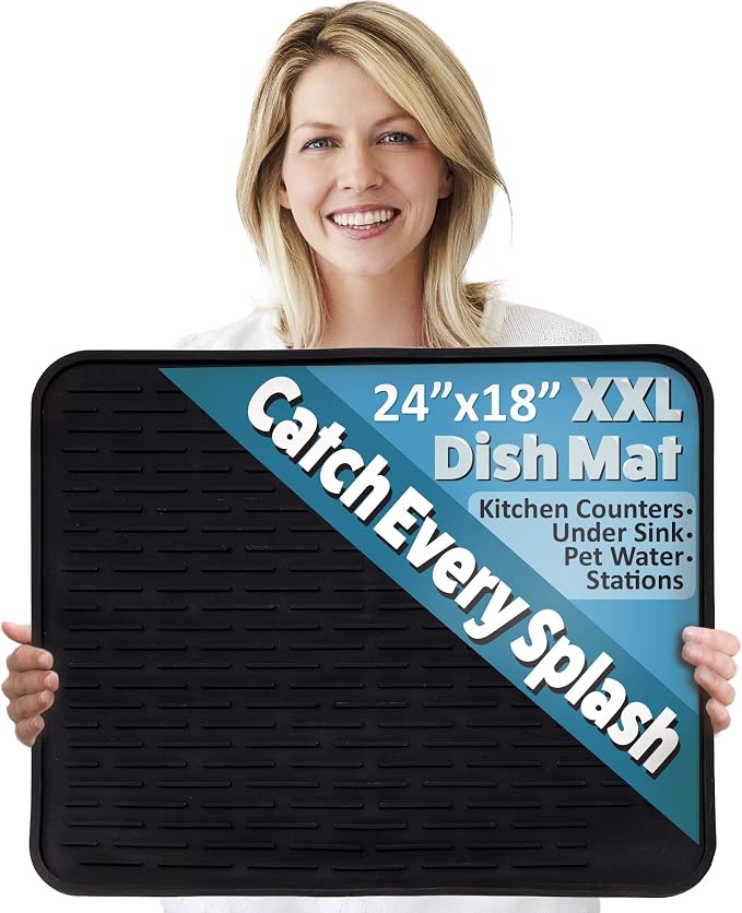 XXL Silicone Dish Drying Mat for Kitchen Counter or Under Sink, 24" x 18" Extra Large, Waterproof Pet Feeding Mat, Dog Food, Water Bowls, Under Drying Racks for Dishes, Coffee Bars, Bar Mats (Black)