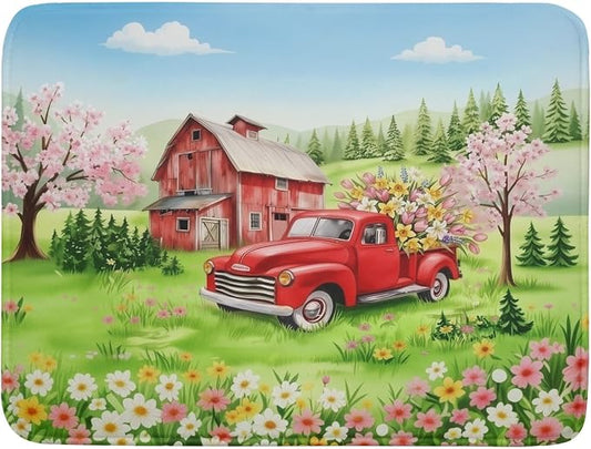 Spring Dish Drying Mat for Kitchen Counter Red Truck Flowers Microfiber Absorbent Dish Draining Reusable Washable Foldable Extra Large 18"x24"