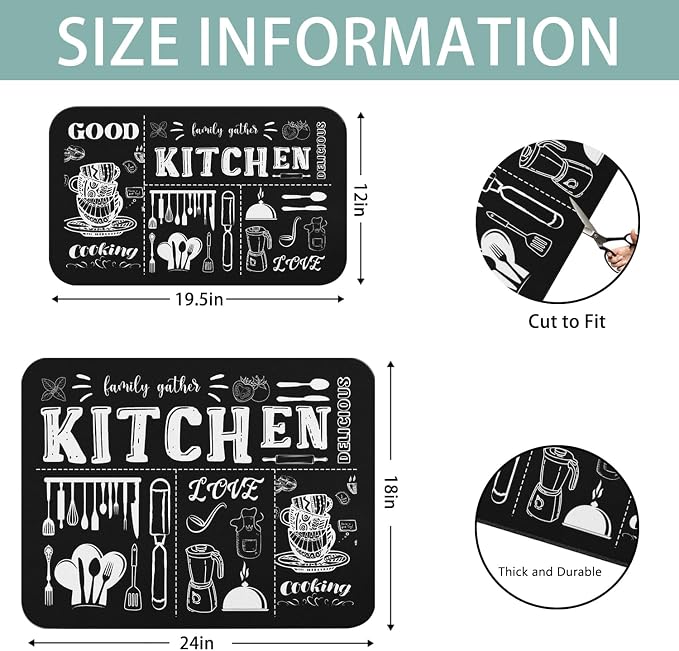 Dish Drying Mat 2-Pack in Chalkboard Kitchen for Kitchen Counter Dishes | Diatom Mud Mats (18x24, 19.5x12"). Non-slip rubber back for kitchen counter, coffee bar & sink scenes