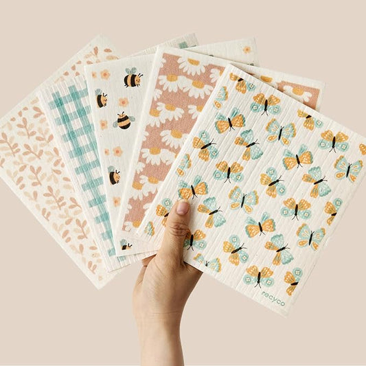 RECYCO Swedish Dishcloths for Kitchen | 5 Pack Gingham Flutter Washable Dish Rags | Cellulose Reusable Cleaning Paper Towels | Absorbent Counter Dish Cloth Sponge Kitchen Wipes, 8" L x 7" W