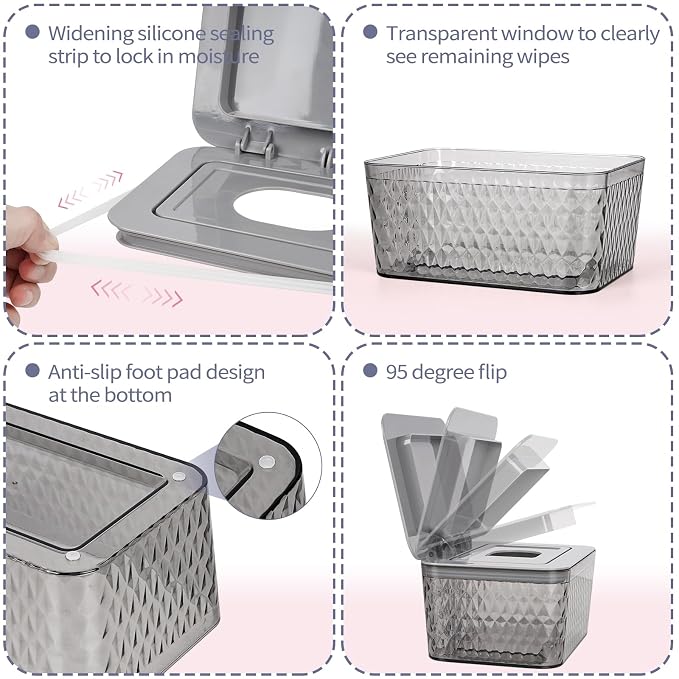 Wipes Dispenser, One-Handed Operation Wipe Holder for Baby & Adult, Seal-Designed Wipes Container for Bathroom Keep Diaper Wipes Fresh (Grey)