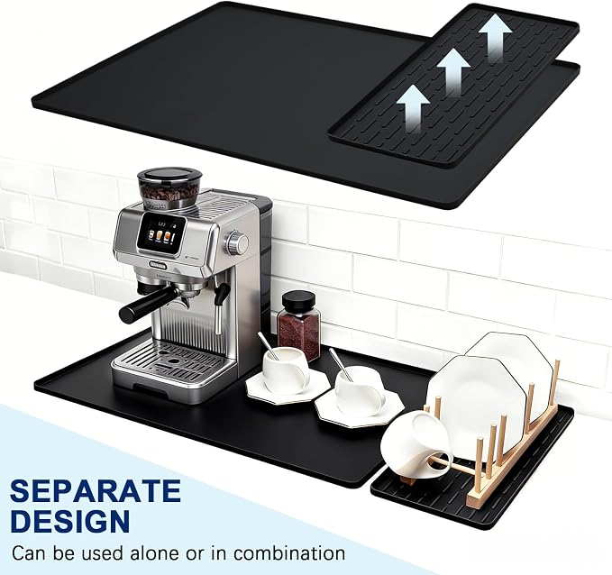 Silicone Coffee Mat 24" x 16", Heat Resistant Non Slip Leak Proof with Concave Convex Design & Detachable Drying Layer, Coffee Bar Mat for Espresso Machine, Coffee Maker Countertops (Black)