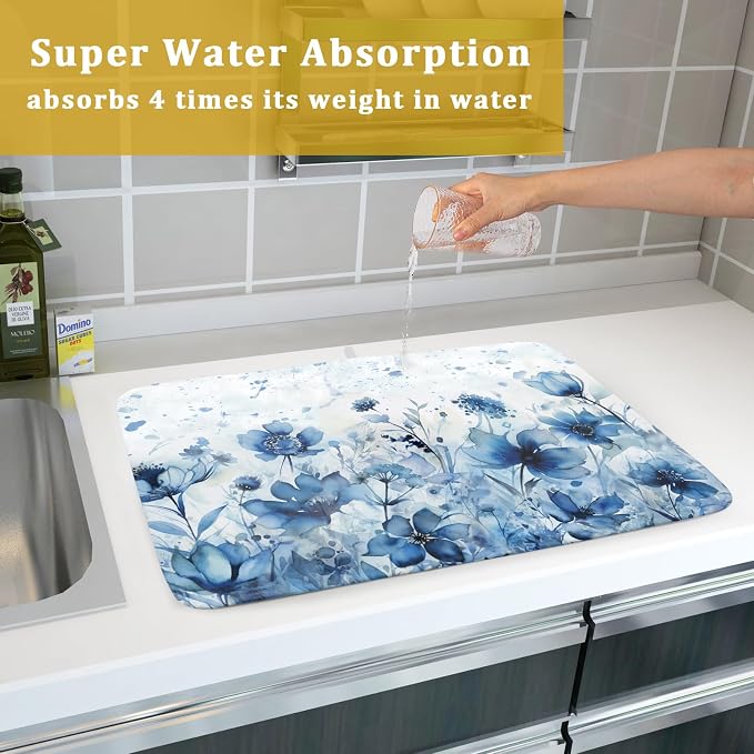 Giwawa Blue Floral Dish Drying Mat for Kitchen Counter Watercolor Leaves Dishes Drainer Rack Mat Absorbent Microfiber Dish Draining Pad 18x24 Inch