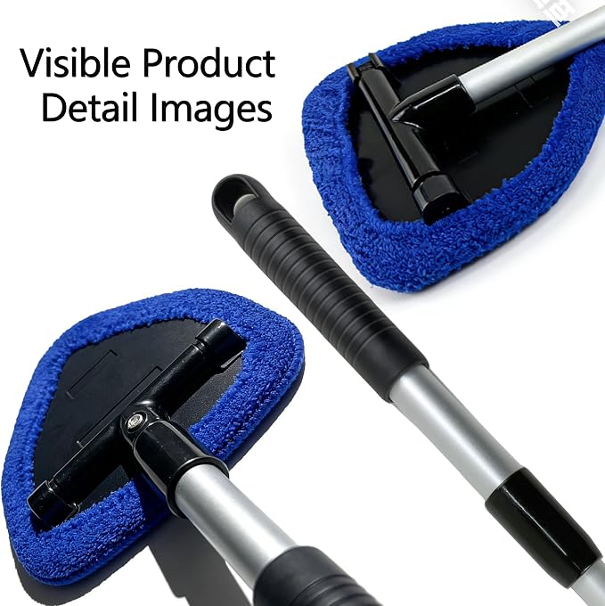 Microfiber Car Windshield Cleaning Tool with Extendable Handle,Car Defogging Glass Cleaning Brush with 4 Reusable Microfiber Pads 1 Spray Bottle and 1 Car Dust Removal Brush. (Blue)