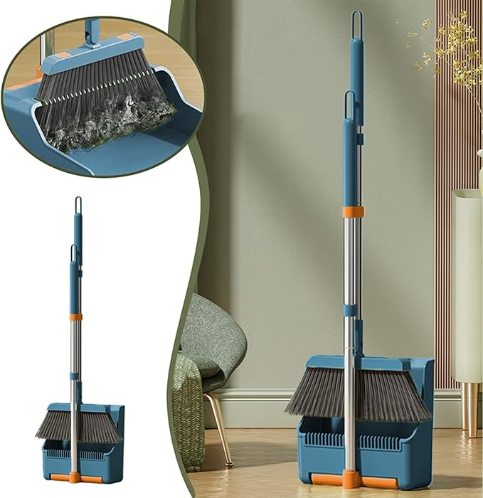 30'' Broom and Dustpan Set for Home with Scraping Teeth and Scraper, 180° Rotatable Long Handle Broom with Stand Up Dustpan Combo Set for Office Home Kitchen Lobby Floor, House Warming Gifts (Blue)