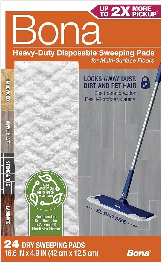 Bona Sweeping Pads for Multi-Surface Floors - 24 Count | Heavy-Duty & Disposable XL Microfiber Pads Sweep Away Dust, Dirt, & Pet Hair