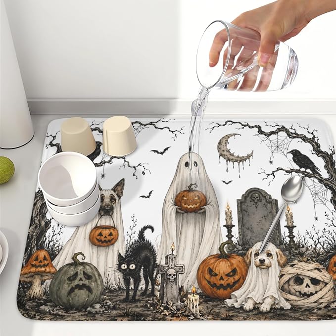 Halloween Ghost Dish Drying Mat for Kitchen Counter Spooky Pumpkins Dog Cat Crow Pattern Microfiber Dish Drainer Mat Vintage Holiday Absorbent Washable Drying Pad 18"x24"