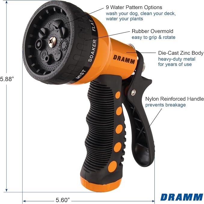 Dramm Revolver Heavy Duty Metal Garden Hose Nozzle – 9 Spray Patterns, High Pressure Jet, Thumb-Control Flow, Ergonomic Grip – Orange