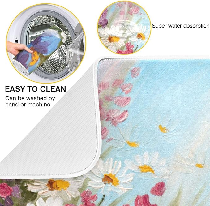 Absorbent Dish Drying Mat for Kitchen Counter - Cute Sunflowers Oil Painting Microfiber Drying Pad, Reversible Drainer Mats for Countertop, Small 16 x 18 inch