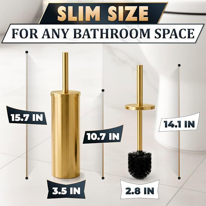 Stainless Steel Toilet Brush and Holder Set, Splash Guard (Gold) | Toilet Bowl Brush and Holder, Removable Inner Bowl, Dense Bristles, Long Handle, Scratch Resistant, for Modern Bathrooms