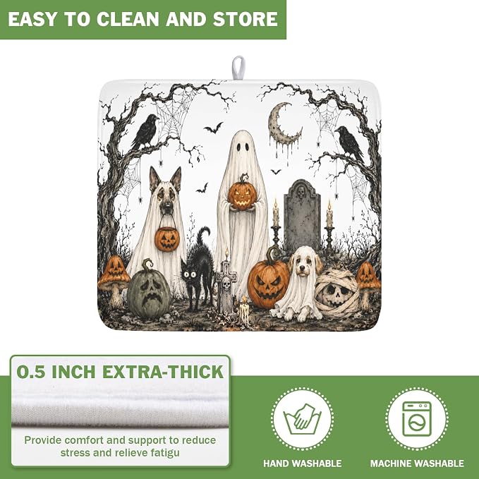 Halloween Ghost Dish Drying Mat for Kitchen Counter Spooky Pumpkins Dog Cat Crow Pattern Microfiber Dish Drainer Mat Vintage Holiday Absorbent Washable Drying Pad 16"x18"