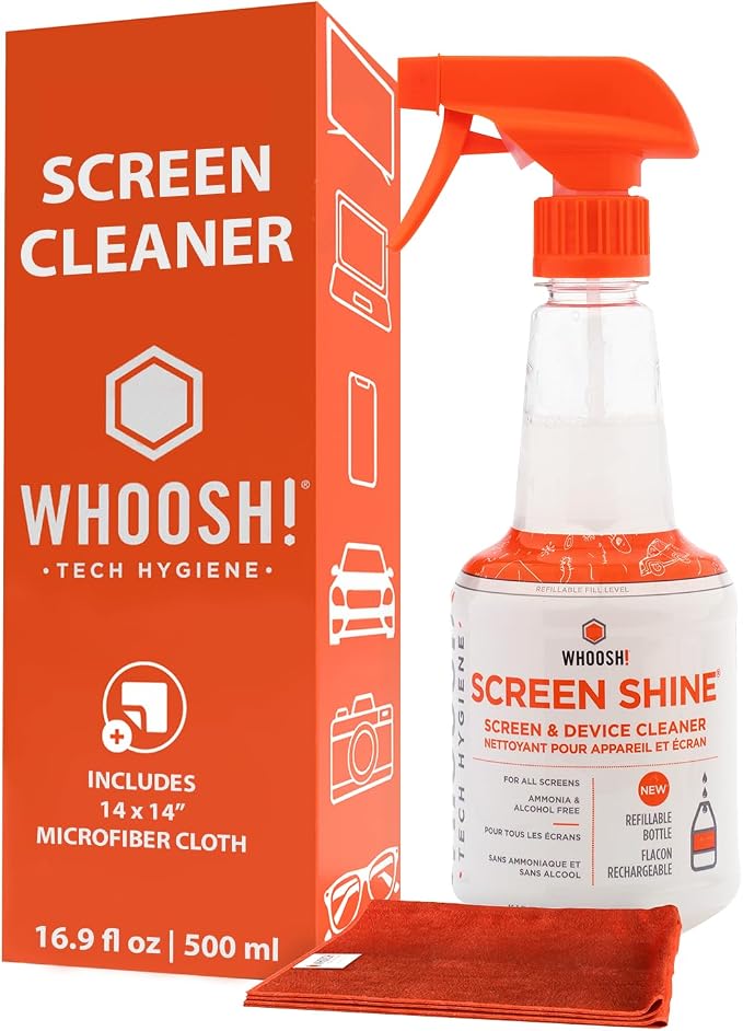 WHOOSH Screen Shine Pro Refillable Screen Cleaner, 16.9 fl oz | Streak Free Finish, Non Toxic and Odorless, For Flat Screens, OLED, LCD and Monitors, Microfiber Cloth Included