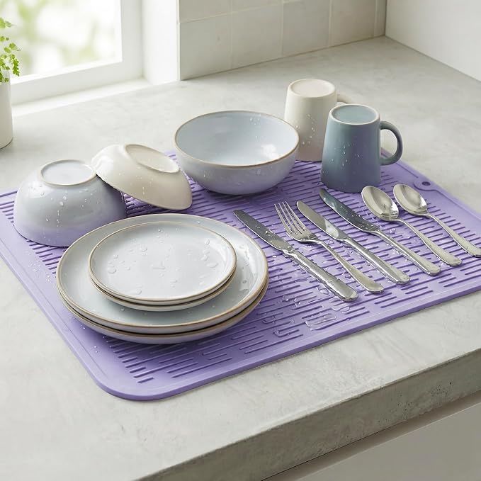 MicoYang Silicone Dish Drying Mat for Multiple Usage,Easy clean,Eco-friendly,Heat-resistant Silicone Mat for Kitchen Counter or Sink,Refrigerator or Drawer Liner Light Purple XL 18 inches x 16 inches