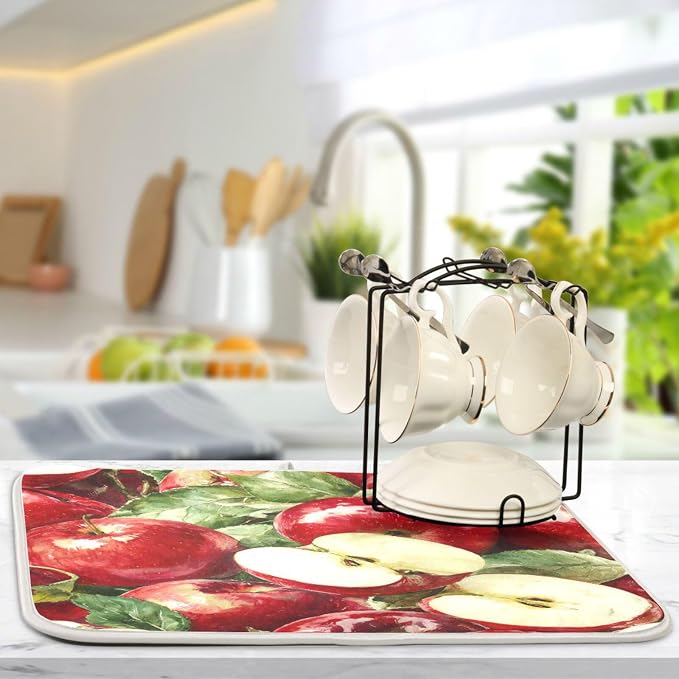 Leaves Red Apples Dish Drying Mat 16 X 18 Inch Natural Fresh Fruits Dry Dishes Pads Tableware Mats Absorbent Microfiber Protector for Kitchen Countertops Counter Home Decorations
