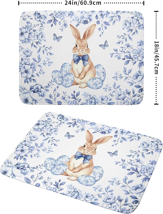 Easter Large Dish Drying Mat Blue Flower Rabbit Holiday Decorative Kitchen Countertop Mats 18x24