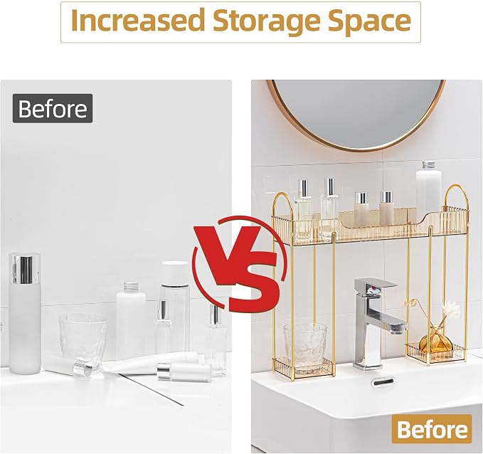 YCIA&DONE Bathroom Countertop Organizer Over The Faucet, Narrow Counter Organizers Above Sink, Table Mounted Faucet Sink Shelf for Kitchen, Toilet, Laundry(Amber Gold)