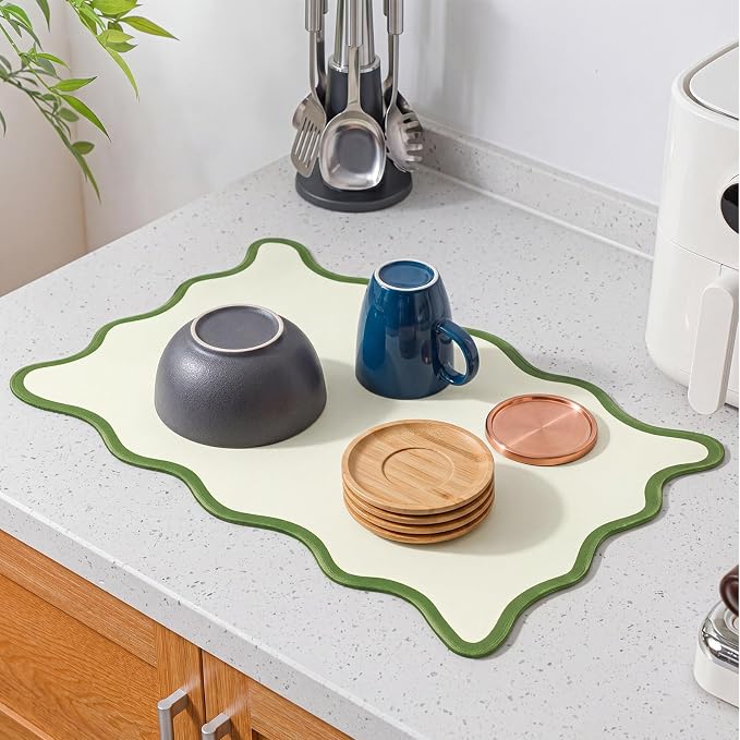 Nuanchu Green Scalloped Dish Drying Mat for Kitchen Counter, Waterproof Easy Clean Non-slip Coffee Bar Station Accessories, Trendy Cute Aesthetic Modern Drainer Kitchen Drying Mat, 12" x 19"