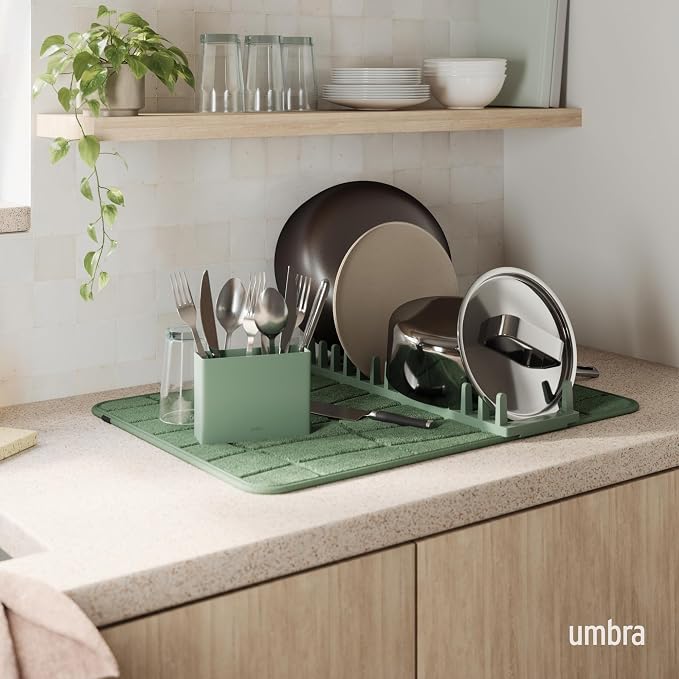 Umbra UDry Dish Drying Rack with Mat – Kitchen Countertop Dish Drainer & Absorbent Microfiber Drying Mat, Foldable Dish Rack Organizer for Plates, Cups & Utensils, Spruce