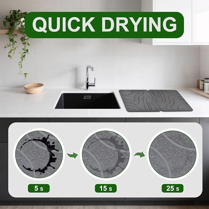 Stone Drying Mat for Kitchen Counter, 2-Pack 16"x12" Fast Drying Stone Dish Mat, Double-Sided Diatomaceous Earth Dish Drying Mat, Highly Absorbent Eco-Friendly Kitchen Mat (Gray, Curved Stripes)