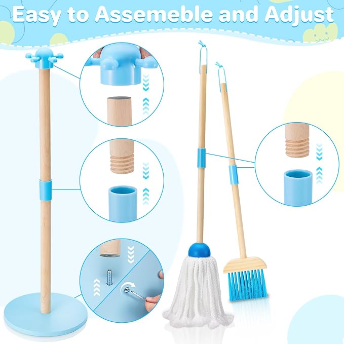 WHOHOLL 9 Pcs Wooden Kids Cleaning Toy Set, Cleaning Toys for Toddlers 3-6, Housekeeping Play Set Includes Broom Mop Duster Dustpan Sponge and Organizing Stand, Christmas Birthday Gifts for Boys Girls