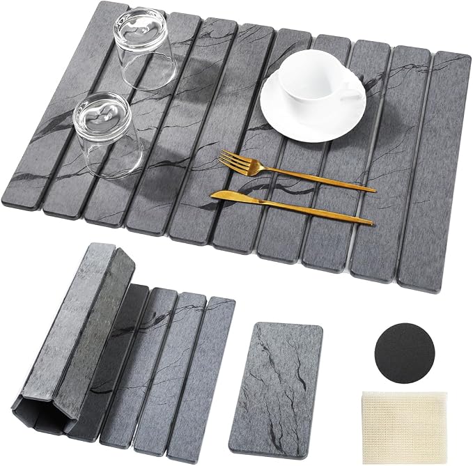 Diatomaceous Earth Stone Dish Drying Mat, 24 x 16 Inches Large | Fast-absorbing in 30s, Eco-friendly stone, foldable, heat-resistant, great for kitchen counter, cups, utensils, pet bowls