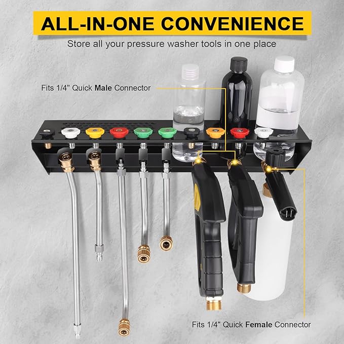 Pressure Washer Gun & Foam Cannon Holder with 1/4" Quick Connector | Wall Mount Organizer For Pressure Washer Tools, 10 Nozzle Slots, Secure Foam Cannon Storage, Rust-Resistant Metal Design