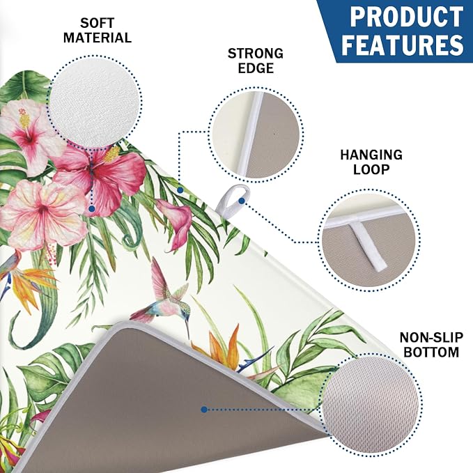 Floral Hibiscus Dish Drying Mat for Kitchen Counter 18x24 Inch | Floral，Polyester，Absorbent Microfiber，for Coffee Dining Bar Decor