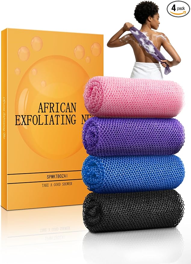 SPMKTBOZAI 4 Pack African Net Sponge, Authentic African Exfoliating Net Sponge for Body & Back, Extra Long Stretchable African Wash Cloth Bath Scrubber for Smooth Skin & Daily Shower