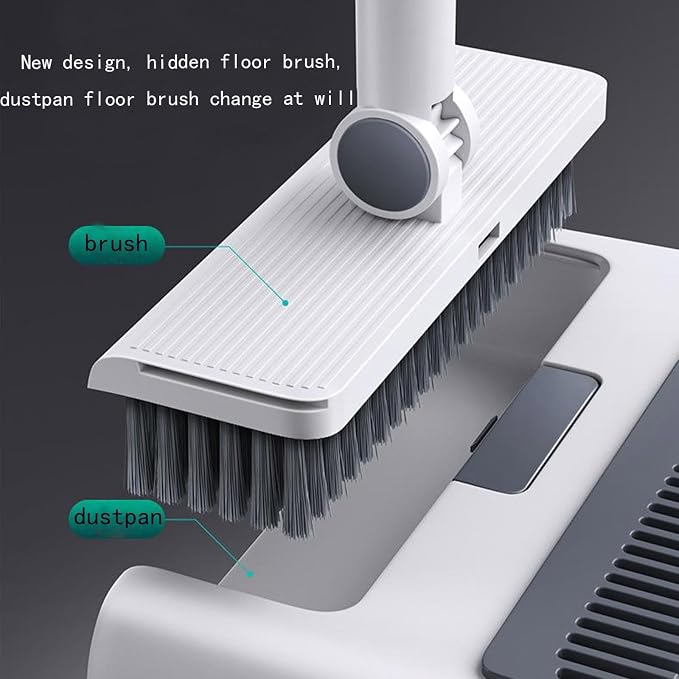 3-in-1 Broom and Dustpan Set with Cleaning Teeth Brooms with Dustpan Combo | Set 38" Stainless Steel Long Handle,Standing Storage, Indoor Sweeping Combo for Home & Kitchen, White