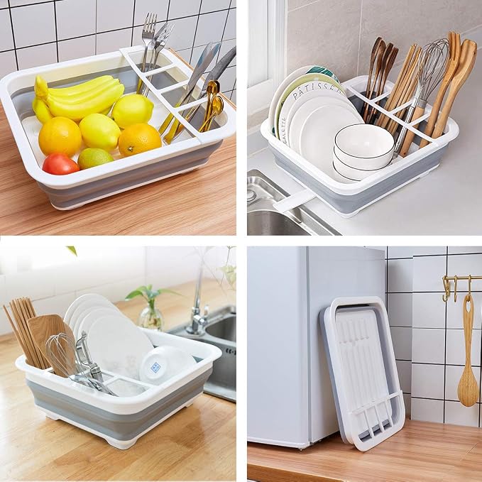 THANSTAR Collapsible Dish Drying Rack Portable Dinnerware Drainer Organizer for Kitchen RV Campers Travel Trailer Space Saving Kitchen Storage Tray
