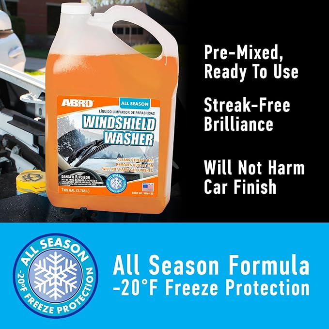 ABRO Windshield Washer Fluid 1 Gallon, Streak-Free Bug Remover | Ready-to-use fluid cuts bug splatter, dirt and road grime for clear, streak-free glass; safe for wipers and paint