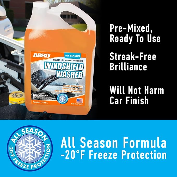 ABRO Windshield Washer Fluid 1 Gallon, Streak-Free Bug Remover, 2 Pack | Ready-to-use fluid cuts bug splatter, dirt and road grime for clear, streak-free glass; safe for wipers and paint