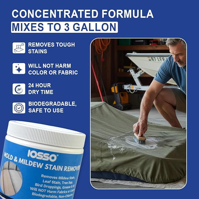 Iosso Mold & Mildew Stain Remover - Fast-Acting Mold and Mildew Remover for Boat Seats, Awnings, Tents, Covers | Color & Fabric Safe Non-Chlorine Concentrate Upholstery Cleaner Makes 3 Gallons