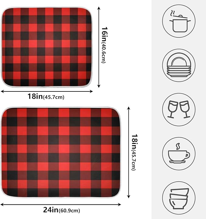 Christmas Red Black Buffalo Plaid Dish Drying Mat for Kitchen Counter Absorbent Microfiber Large Drying Pad Dish Mats for Kitchen Countertops 18 x 24 Inch