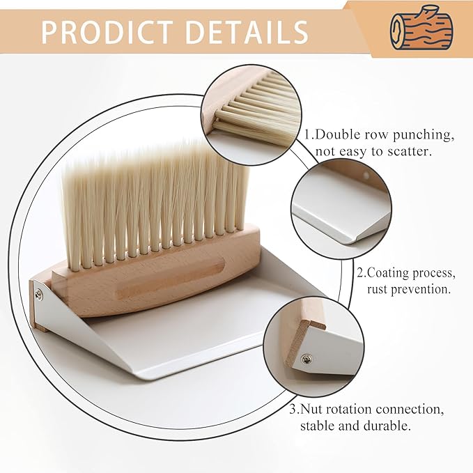 Mini Dustpan and Brush Set, Small Beechwood Broom and Dust Pan Set, Portable Cleaning Brush and Dustpan Combo with Natural Sisal