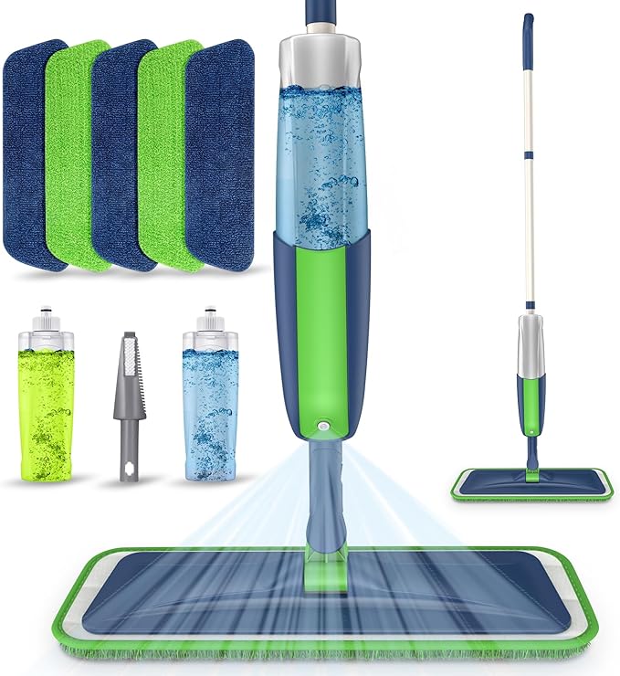 Spray Wet Mops for Floor Cleaning: Floor Mop with 2 Refillable Bottles | 5 Washable Pads for Swiffer Powermop, 360° Rotating Head, Commercial Dust Mop, for Hardwood Laminate Vinyl Wood Tiles Ceramic