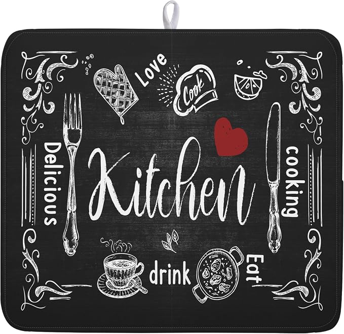 Dish Drying Mats for Kitchen Counter 16 x 18 Inch, Kitchen Drying Mat,Black Coffee Bar Dishes Pad Dish Drainer Rack Mats Absorbent Fast Dry Kitchen Accessories