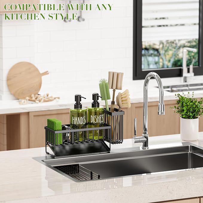MASADI Kitchen Dish Soap Dispenser Set with Sponge Holder, 12OZ Glass Bottle, Hand and Dish Soap Dispenser Set, Non-Slip Silicone Pad, Brush Holder, Kitchen Sink Organizer Countertop (Black+Green)