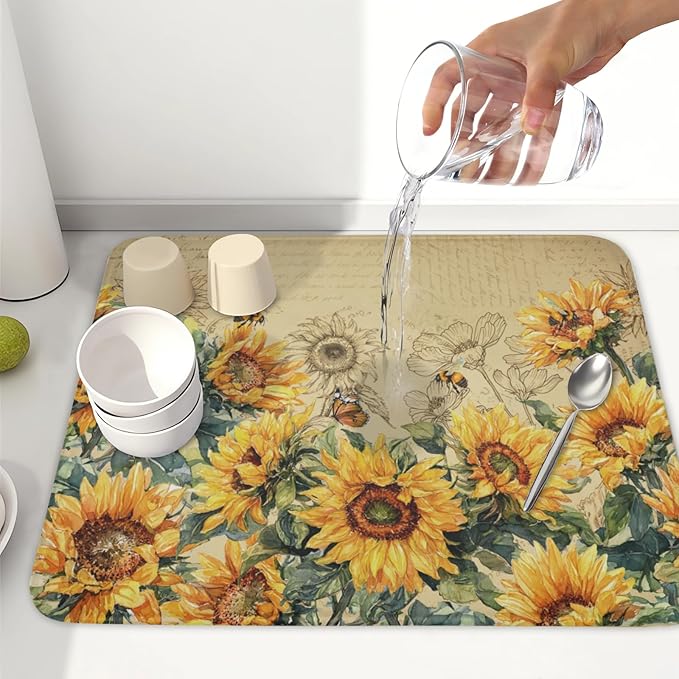 Sunflower Dish Drying Mat for Kitchen Counter Vintage Yellow Sunflowers Microfiber Dish Drainer Mat Spring Summer Watercolor Floral Absorbent Washable Drying Pad Extra Large 16"x18"