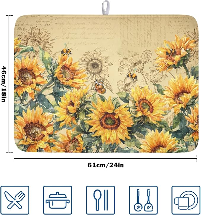 Sunflower Dish Drying Mat for Kitchen Counter Vintage Yellow Sunflowers Microfiber Dish Drainer Mat Spring Summer Watercolor Floral Absorbent Washable Drying Pad Extra Large 18"x24"