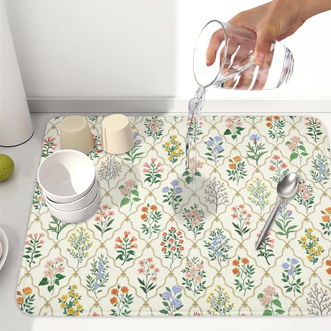 Floral Dish Drying Mat for Kitchen Counter Spring Summer Wild Flowers Diamond Pattern Microfiber Dish Drainer Mat Rustic Absorbent Washable Drying Pad Extra Large 18"x24"
