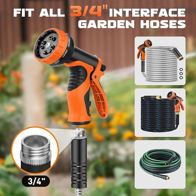 Garden Hose Nozzle with 10 Spray Patterns – High Pressure Water Sprayer for Car Washing, Pet Bathing & Lawn Care with Lock Feature & Comfort Grip – Fits All 3/4" Standard Hoses Thread